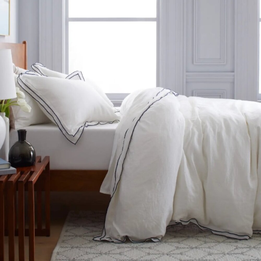 Quince European Linen Black Double Edge Embroidery Duvet Cover King/Cal King